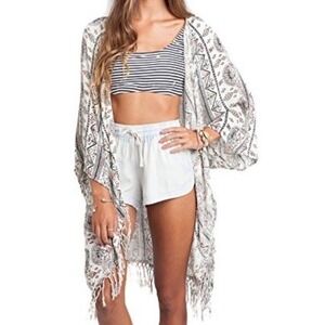 Billabong Salty Wavez Kimono Women Medium White Fringe Tribal Aztec Boho Beach